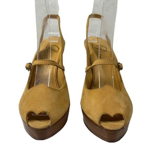 DELMAN Tan Leather Peep-Toe Platform‎ Heel Slingback Sandals - Picture 3 of 13